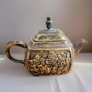 Vintage Chinese Miniature Brass Teapot  Relief Carvings 8 Immortals Mid Century